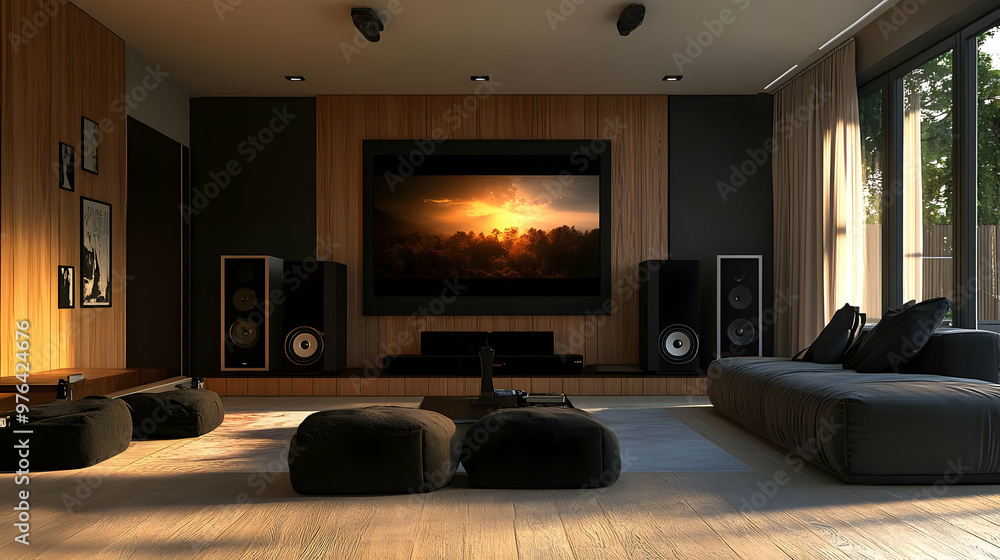 Modern Home Theater Room with Sunset Illustration Modern Home Theater Room with Sunset Illustration
