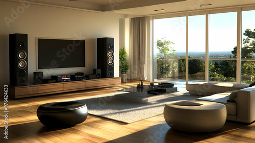 Modern Living Room Interior Design with Large Windows and Home Theater System 3D Illustration