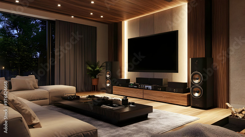 Modern Home Theater Room with Large Screen and Surround Sound Speakers - 3D Illustration