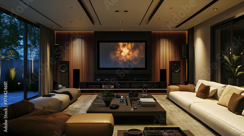 Modern Home Theater Interior Design with Dark Wood Panels and a Large Screen 3D Illustration