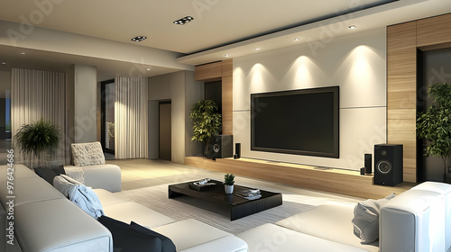 Modern Living Room Interior Design with White Sofa and TV - 3D Illustration