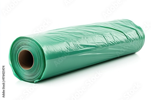 A green plastic garbage bag roll on a hite photo