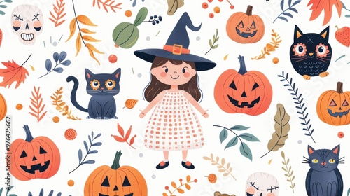 Cute Halloween Pattern with Witch Pumpkins and Cats