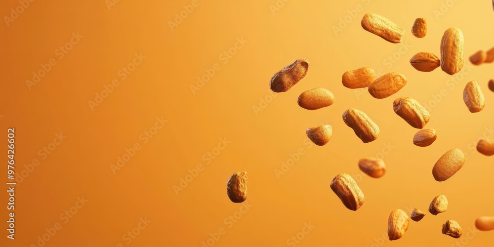This image shows peanuts seemingly flying against an orange backdrop, suggesting concepts of levitation, lightness, and the dynamic nature of food in motion against a plain surface. This image shows peanuts seemingly flying against an orange backdrop, suggesting concepts of levitation, lightness, and the dynamic nature of food in motion against a plain surface.