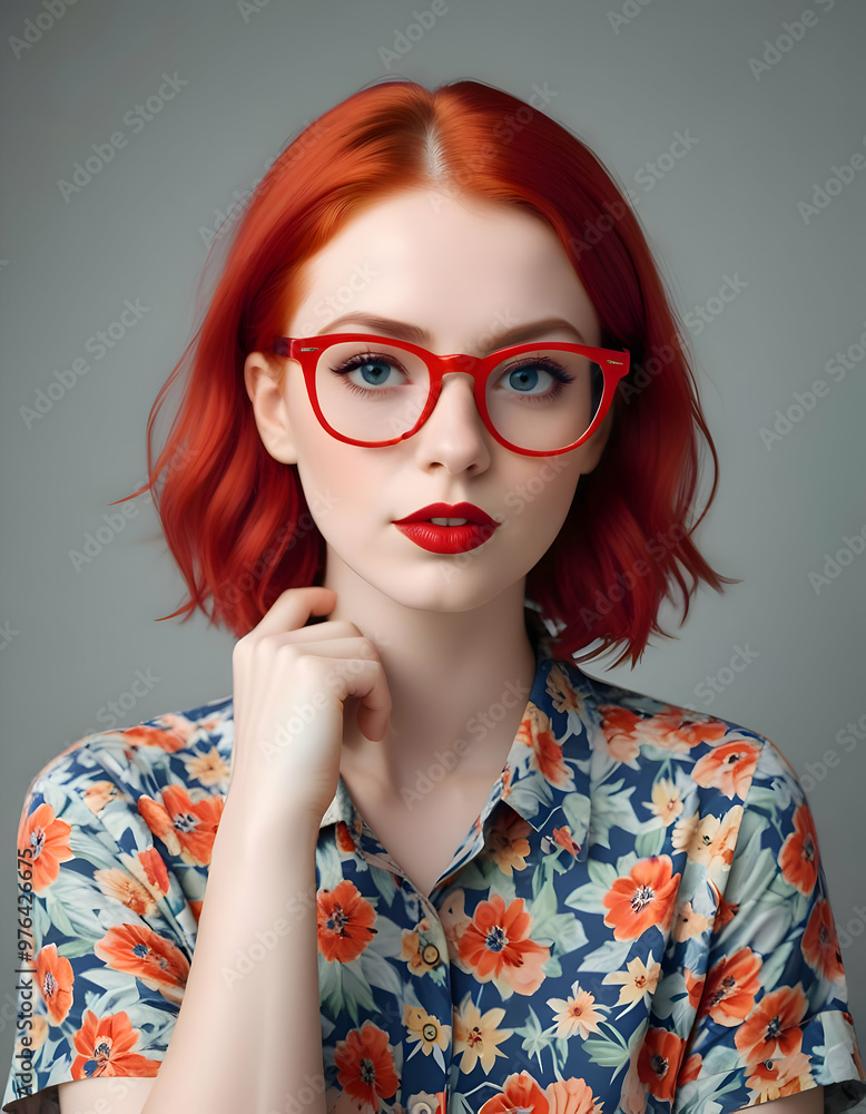 A confident young Caucasian woman, wearing colorful glasses and red lipstick, has long short red hair A confident young Caucasian woman, wearing colorful glasses and red lipstick, has long short red hair