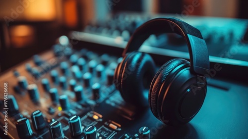 Black headphones on sound mixing console in recording studio with ambient lighting