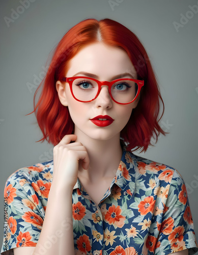 A confident young Caucasian woman, wearing colorful glasses and red lipstick, has long short red hair 