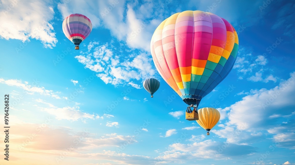Colorful hot air balloons floating in clear blue sky with scattered clouds Colorful hot air balloons floating in clear blue sky with scattered clouds