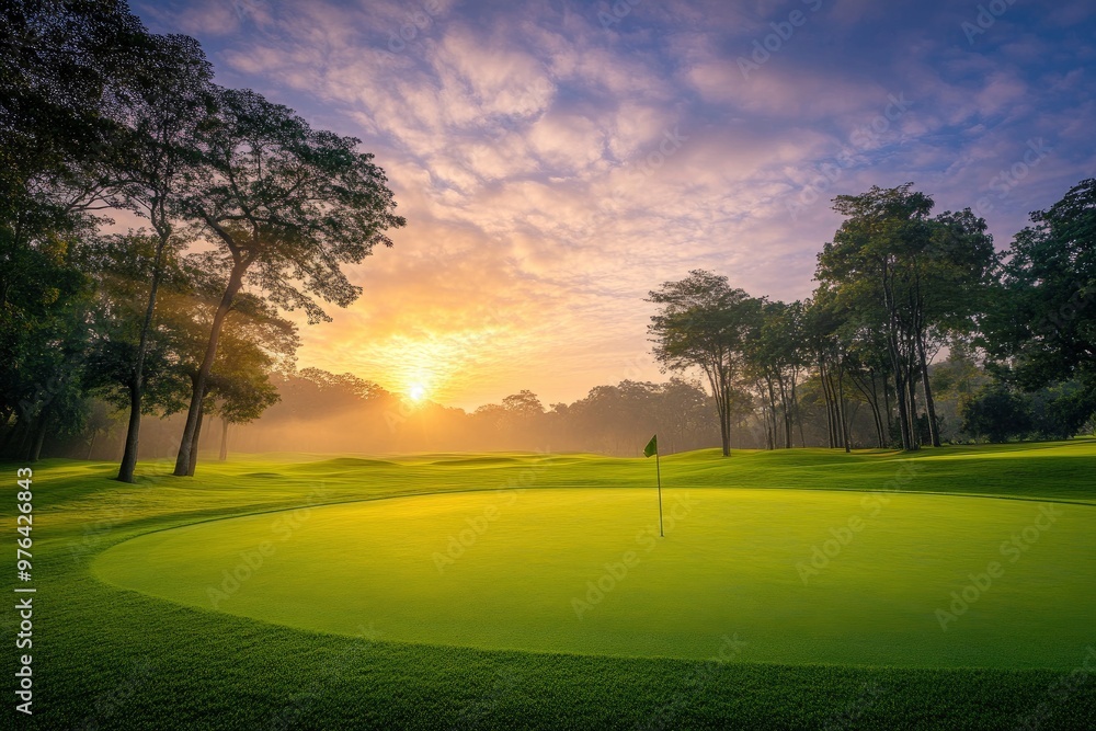 Golf teeing ground in golf course with sunrise background , ai Golf teeing ground in golf course with sunrise background , ai