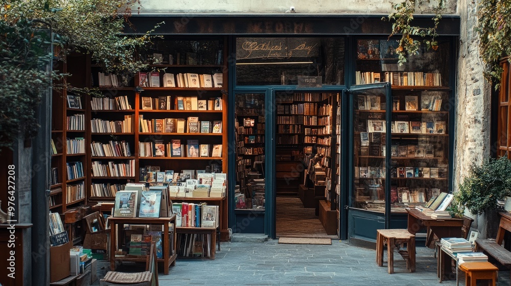 Obraz premium Cozy bookstore with wooden shelves filled books, set in charming, narrow street