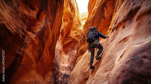 Explorer with a backpack climbing through narrow red rock canyon walls, shadows and light playing on the stone, intense adventure in the wild