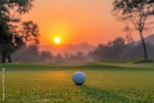 Golf teeing ground in golf course with sunrise background , ai