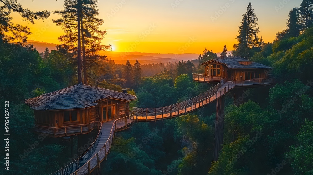 Fototapeta premium Hidden in the canopy of giant sequoias, a network of treehouses linked by rope bridges, with a magical sunset backdrop and birds in flight