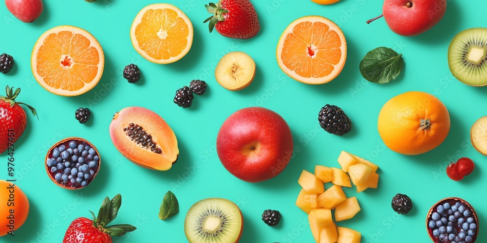 motif de fruits sur fond bleu, fond d'écran pattern coloré et fruité, pomme, orange, mure, goyave motif de fruits sur fond bleu, fond d'écran pattern coloré et fruité, pomme, orange, mure, goyave