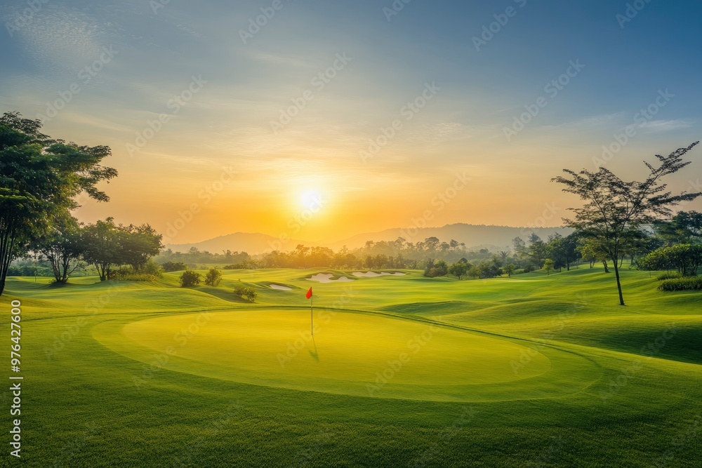 Obraz premium Golf teeing ground in golf course with sunrise background , ai