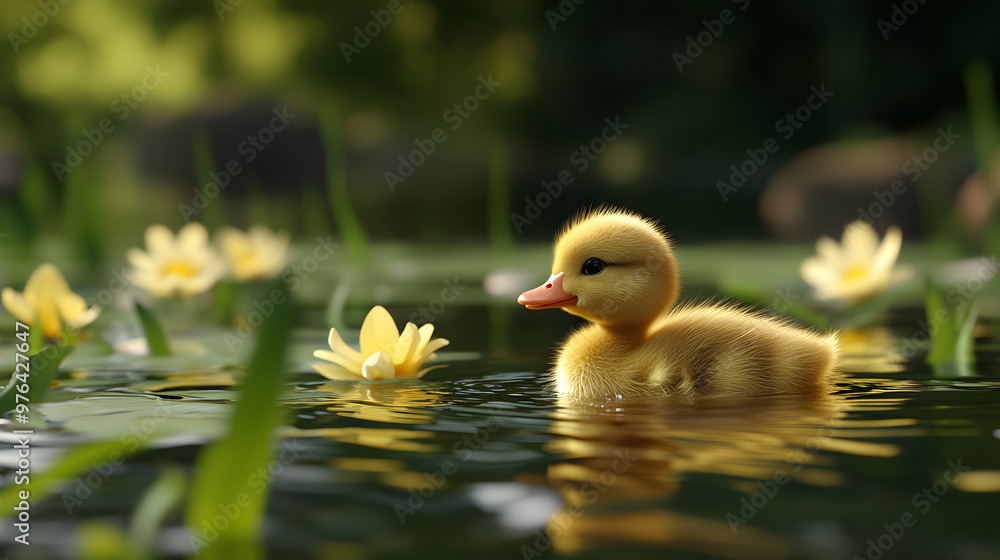 3D rendered baby duckling swimming in a pond, ideal for springtime event promotions or nature-themed graphics. 3D rendered baby duckling swimming in a pond, ideal for springtime event promotions or nature-themed graphics.