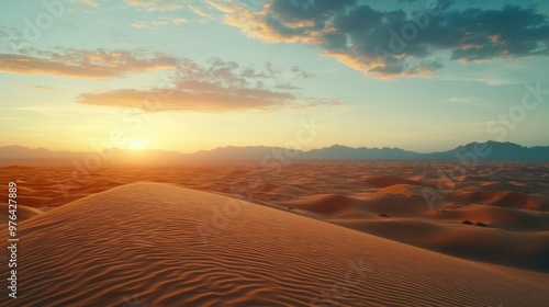 Serene Desert Landscape at Sunset Endless Sand Dunes with Pastel Colors in the Horizon, Capturing the Beauty of the Natural World