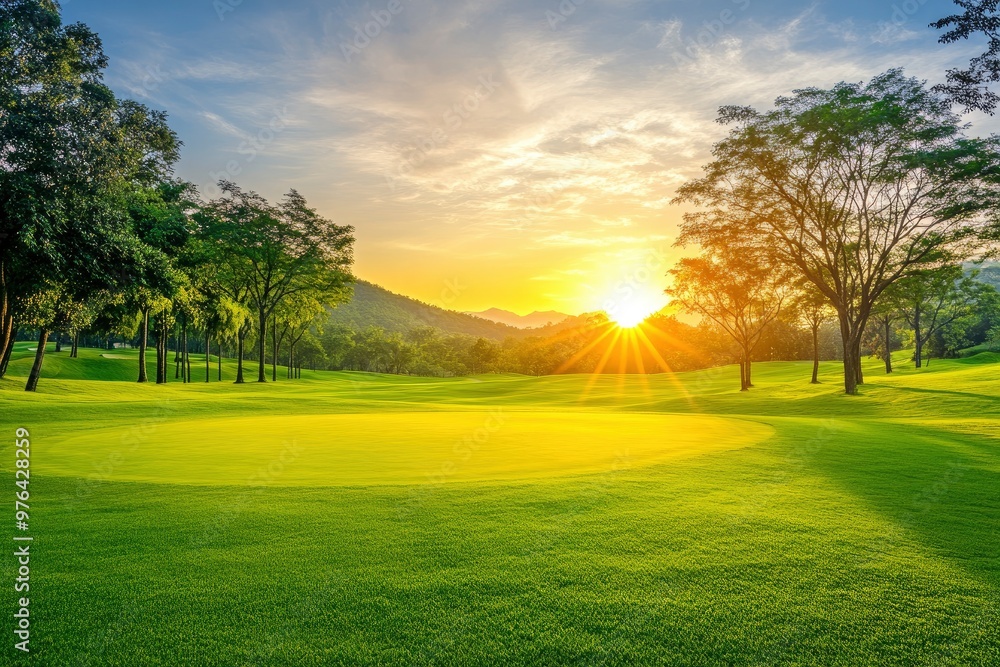Golf teeing ground in golf course with sunrise background , ai Golf teeing ground in golf course with sunrise background , ai