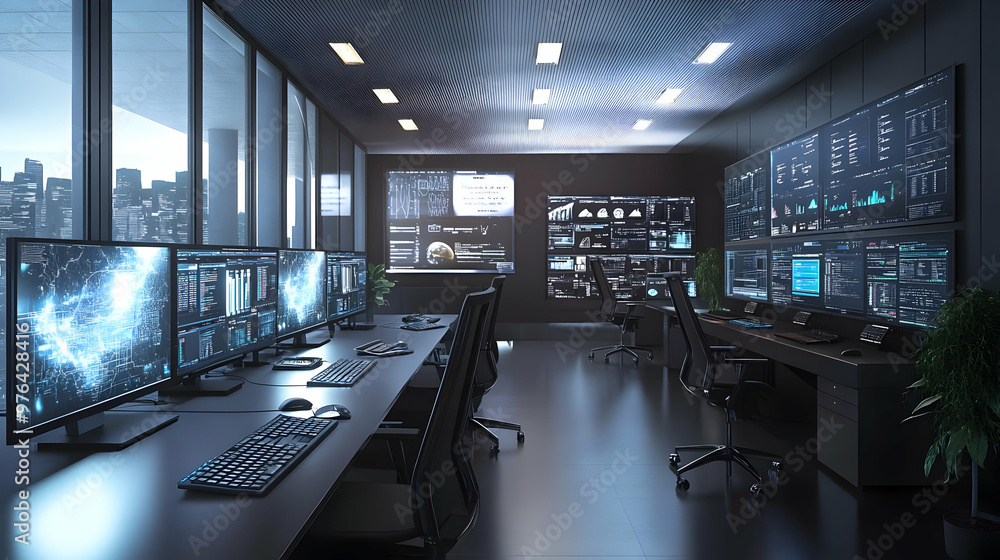 Modern Office with Multiple Monitors and City View 3D Illustration Modern Office with Multiple Monitors and City View 3D Illustration