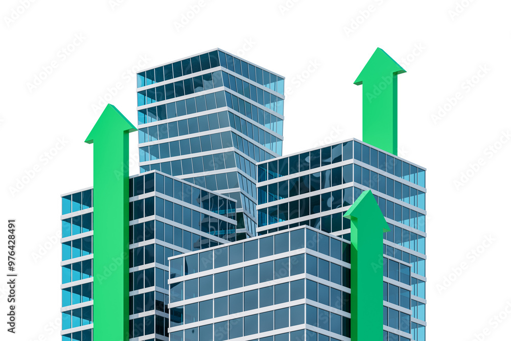 Modern glass buildings with upward green arrows representing growth on a white background. Concept of business growth and success. 3D Rendering Modern glass buildings with upward green arrows representing growth on a white background. Concept of business growth and success. 3D Rendering