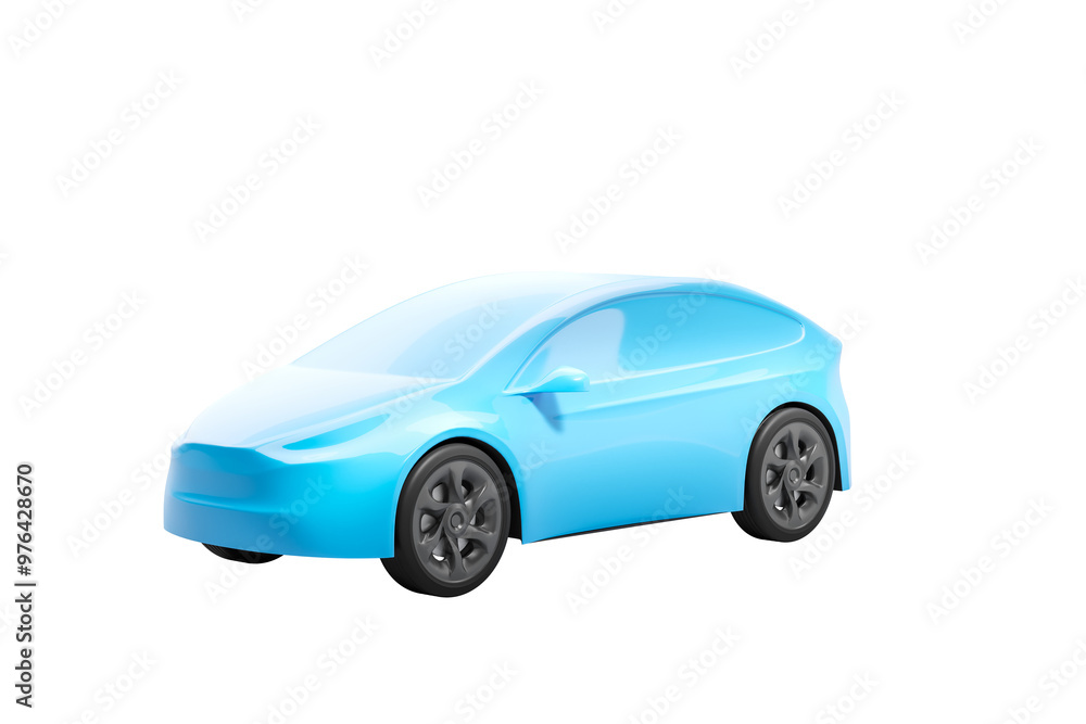 Blue car model shown in 3D rendering style, isolated on a white background. Concept of modern vehicle design and automotive technology Blue car model shown in 3D rendering style, isolated on a white background. Concept of modern vehicle design and automotive technology