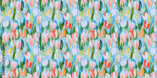 a dreamy and clean, gouache pattern of tulips in a naive impressionistic style