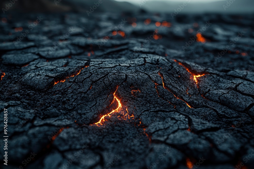 Close-up of Cracked Black Lava with Glowing Orange Veins Close-up of Cracked Black Lava with Glowing Orange Veins