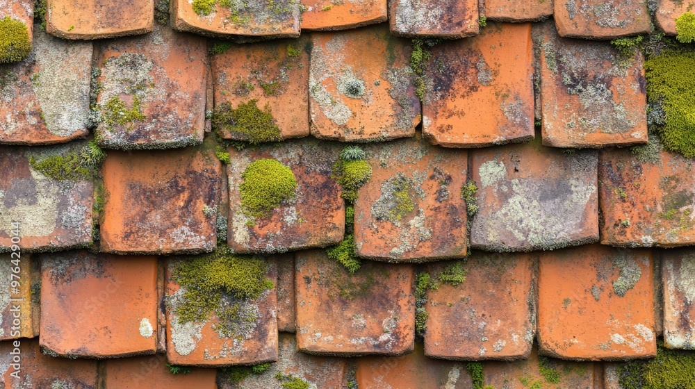 Weathered terracotta roof tiles with moss, close-up texture. Old architecture and nature concept Weathered terracotta roof tiles with moss, close-up texture. Old architecture and nature concept