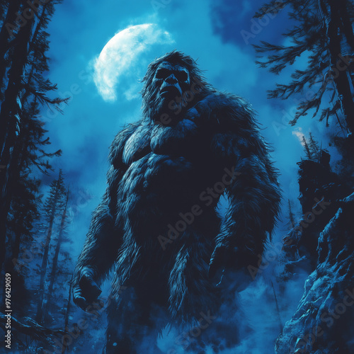 Bigfoot in the woods under the moon light