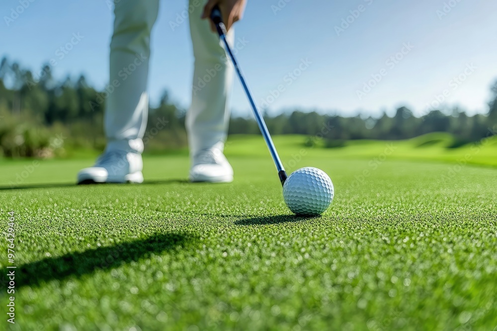 Obraz premium Front view of Golfer driver back swing before hitting golf ball down the fairway , ai