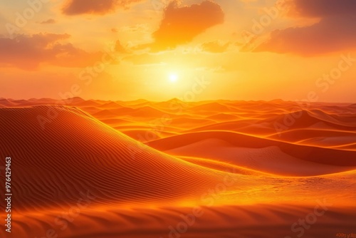 Golden Sunset Over Rippling Sand Dunes in a Vast Desert Landscape