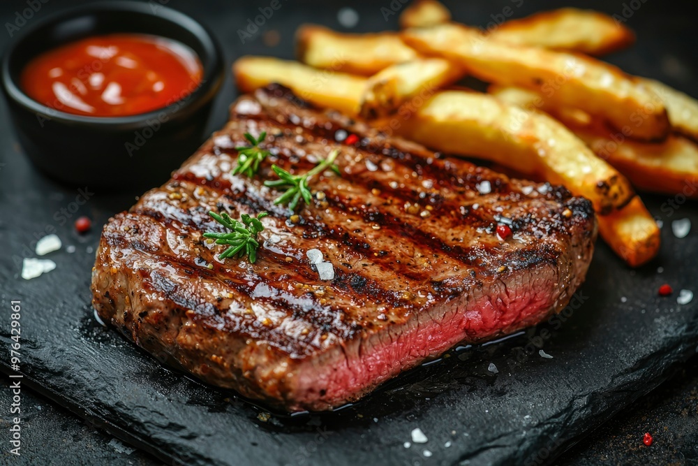 Grilled Steak with Crispy Fries and Red Sauce Grilled Steak with Crispy Fries and Red Sauce