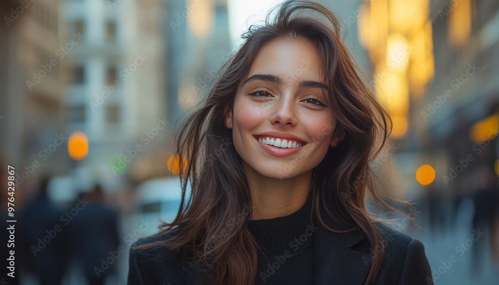 Obraz premium portrait of a woman in the city smiling Mixed with the fashionista vibe that you get. Inspiration from the leading model in a chic office.