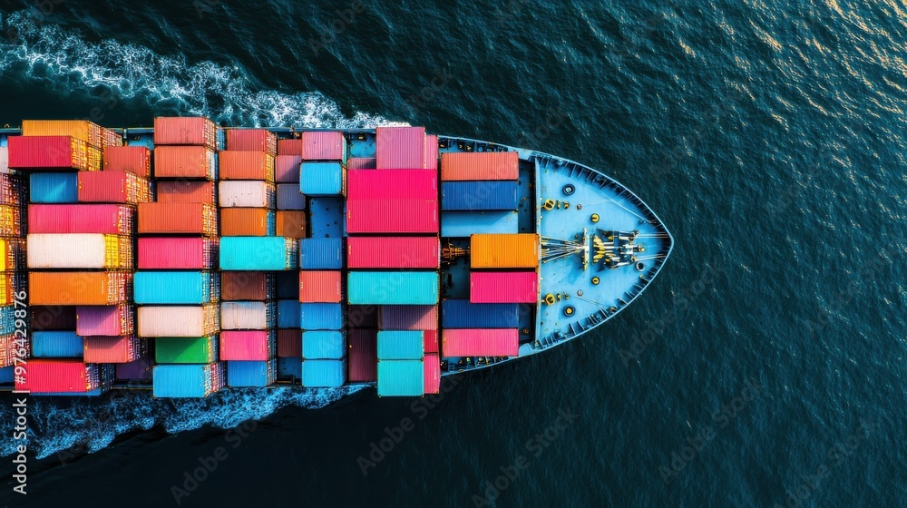 Aerial View of Freight Ship with Multicolored Containers and Ocean Background Aerial View of Freight Ship with Multicolored Containers and Ocean Background