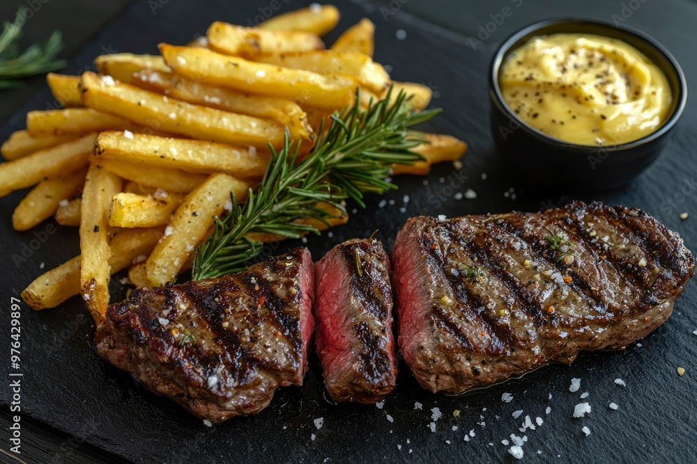 Grilled Steak with French Fries and Rosemary on a Black Slate Plate Grilled Steak with French Fries and Rosemary on a Black Slate Plate