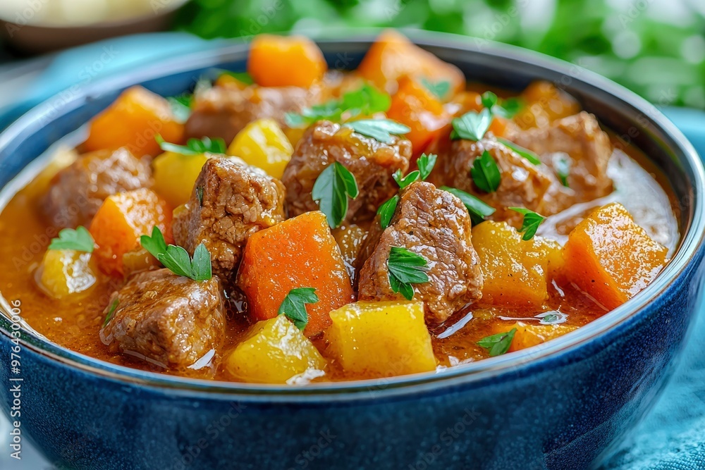 Close-up of Beef Stew with Carrots and Potatoes in a Blue Bowl Close-up of Beef Stew with Carrots and Potatoes in a Blue Bowl
