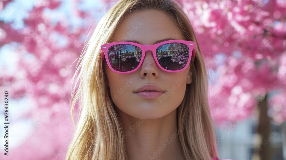 Blonde Woman in Pink Sunglasses Posing in Vibrant Spring Park, Fashionable Spring Outfit, City Park, Cherry Blossoms, Pink Sunglasses, Blonde Hair, Spring Fashion, Springtime Style, Outdoor Blonde Woman in Pink Sunglasses Posing in Vibrant Spring Park, Fashionable Spring Outfit, City Park, Cherry Blossoms, Pink Sunglasses, Blonde Hair, Spring Fashion, Springtime Style, Outdoor