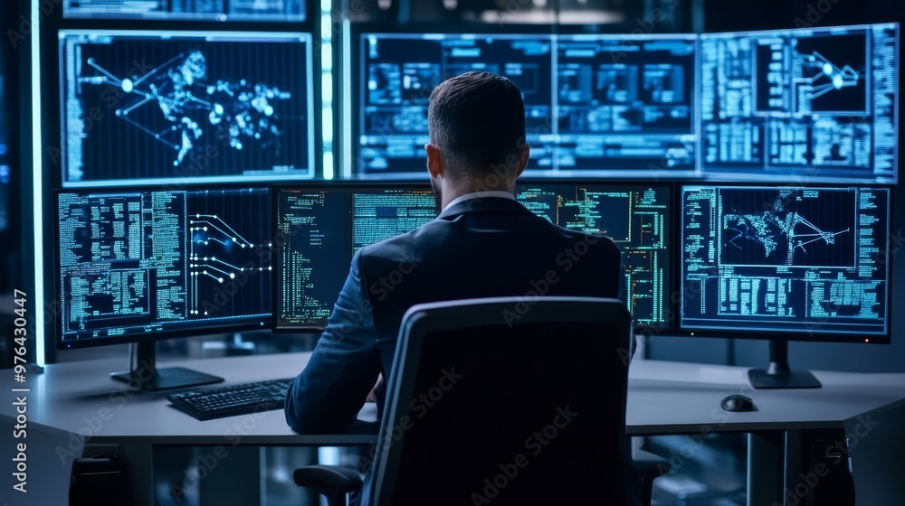 Cybersecurity Specialist Working on Network Security in Front of Multiple Monitors Cybersecurity Specialist Working on Network Security in Front of Multiple Monitors