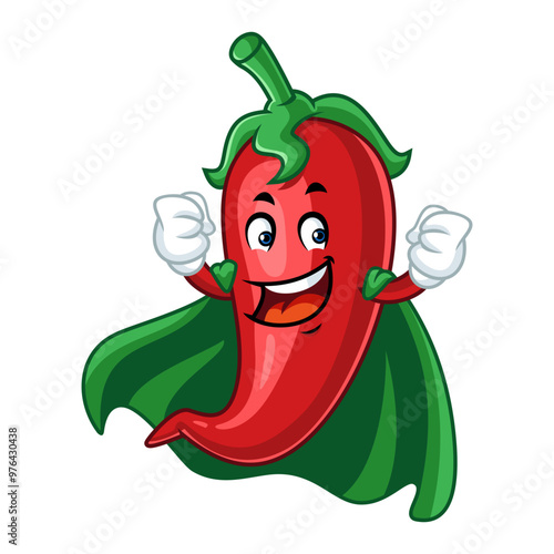 Superhero chili pepper cartoon character with cape flying.