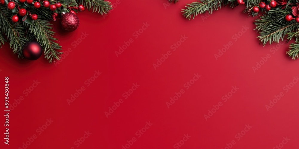 The image features Christmas decorations with green branches and red baubles arranged against a vibrant red background, capturing the festive holiday spirit. The image features Christmas decorations with green branches and red baubles arranged against a vibrant red background, capturing the festive holiday spirit.