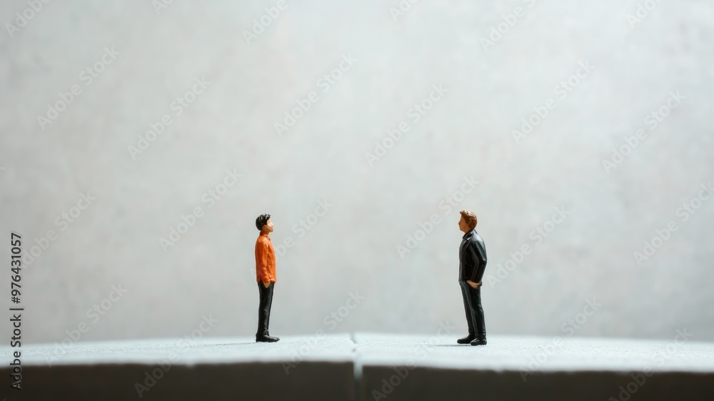 Two male figures facing each other, standing apart on gray surface Two male figures facing each other, standing apart on gray surface