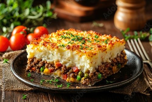 A Slice of Shepherd's Pie with Mashed Potato Topping, Ground Beef, and Vegetables