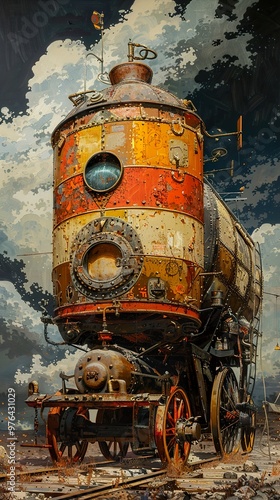 Steampunk Train: A Vintage Locomotive in a Whimsical Landscape