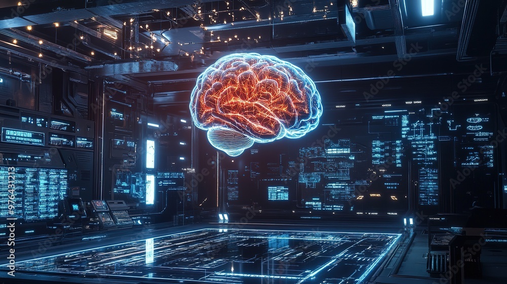 Floating brain in a high-tech environment with virtual enhancements Floating brain in a high-tech environment with virtual enhancements