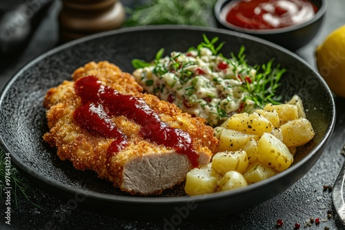 Breaded Pork Cutlet with Cranberry Sauce, Potato Salad, and Potatoes