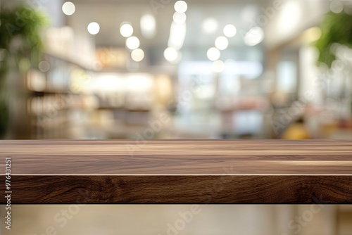 Table and blur background, Wooden counter over blur bokeh light background, Brown wood table top, shelf for food and retail shop, store product display backdrop, banner, mockup, template, ai