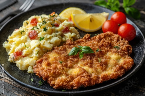 Crispy Breaded Cutlet Served with Potato Salad and Lemon Wedges