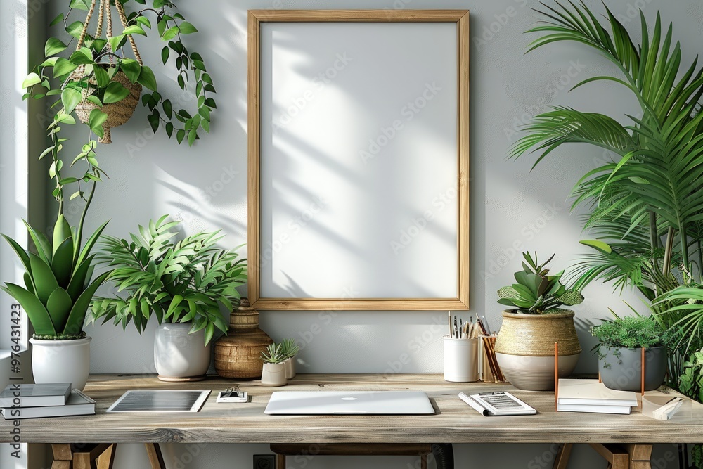 A wooden desk with a laptop, plants, and a blank framed poster in a modern home office. A wooden desk with a laptop, plants, and a blank framed poster in a modern home office.