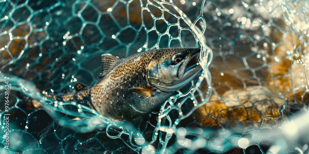 Naklejka premium Trout caught in a fishing net