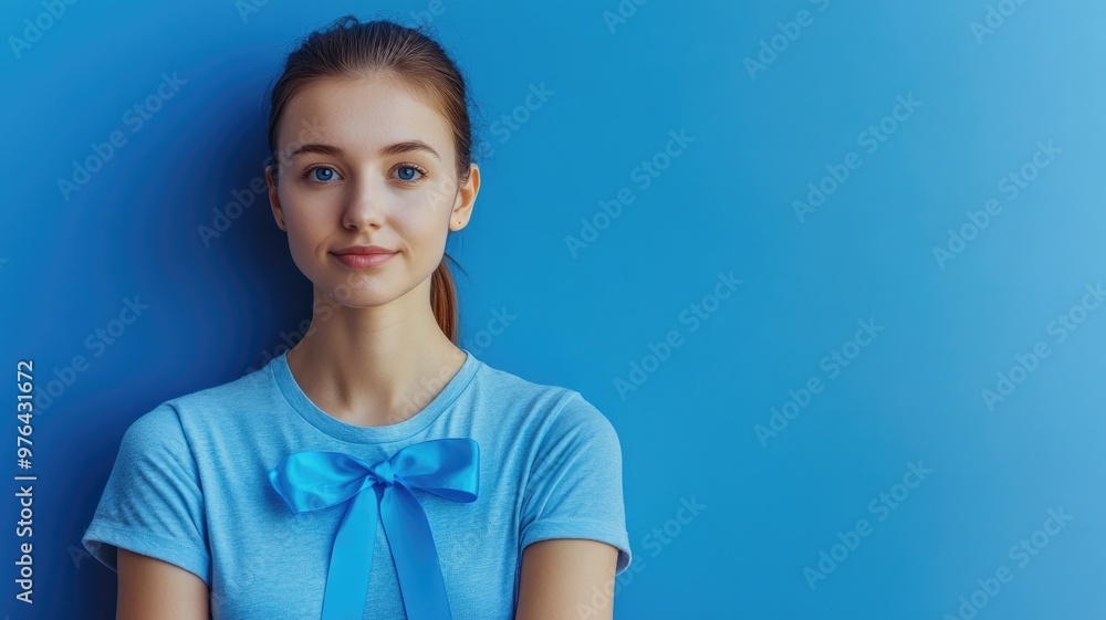 Young Caucasian female in blue shirt with ribbon pose Young Caucasian female in blue shirt with ribbon pose